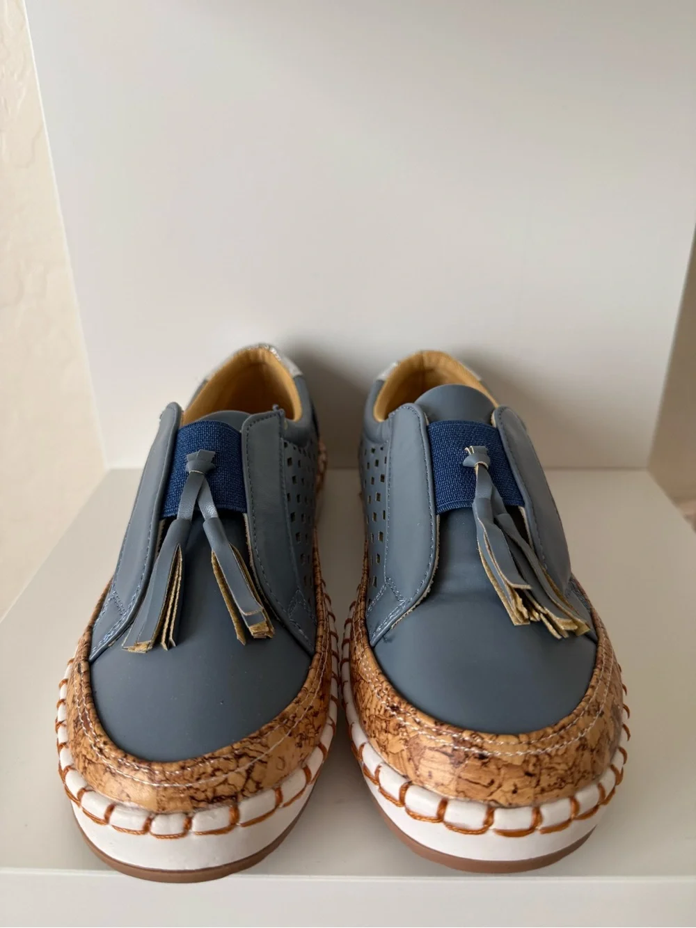 Women’s Blue Perforated Tassel Platform Slip-On Shoes